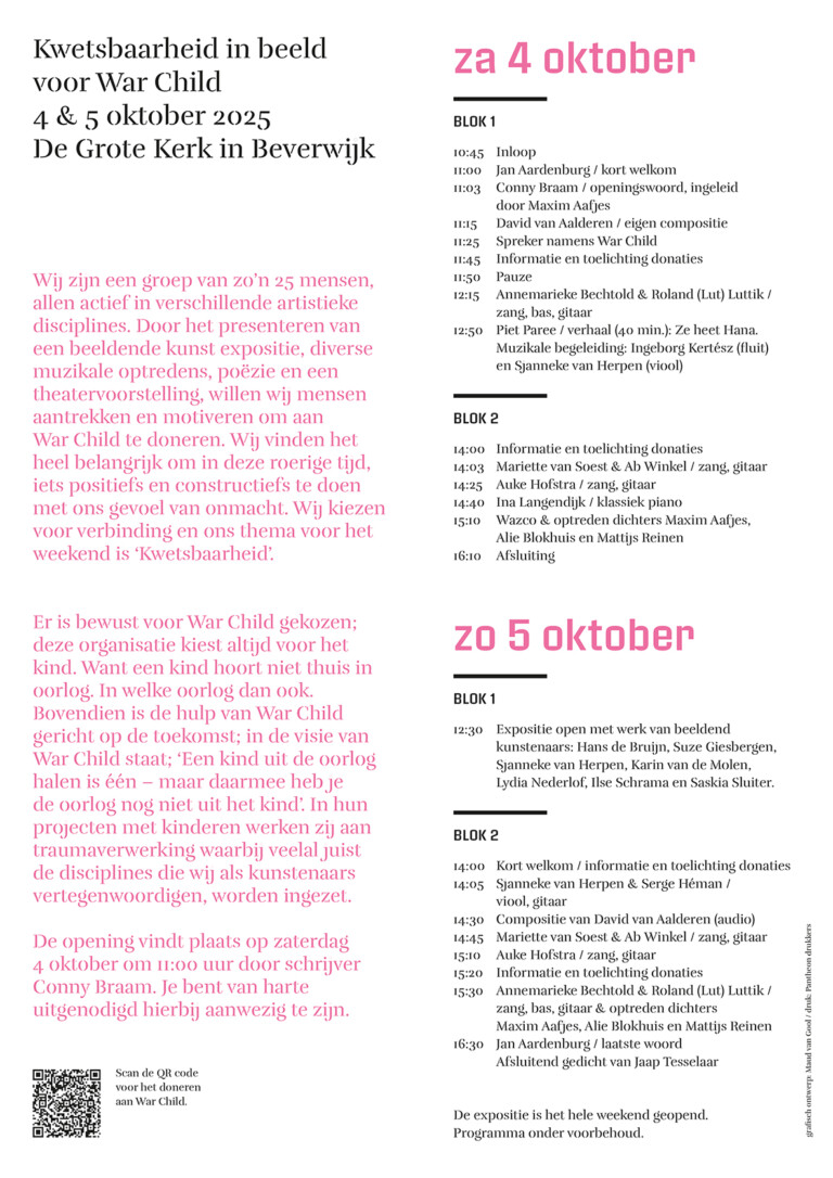 Programma Kwetsbaarheid in beeld voor War Child, met blokken voor zaterdag 4 en zondag 5 oktober